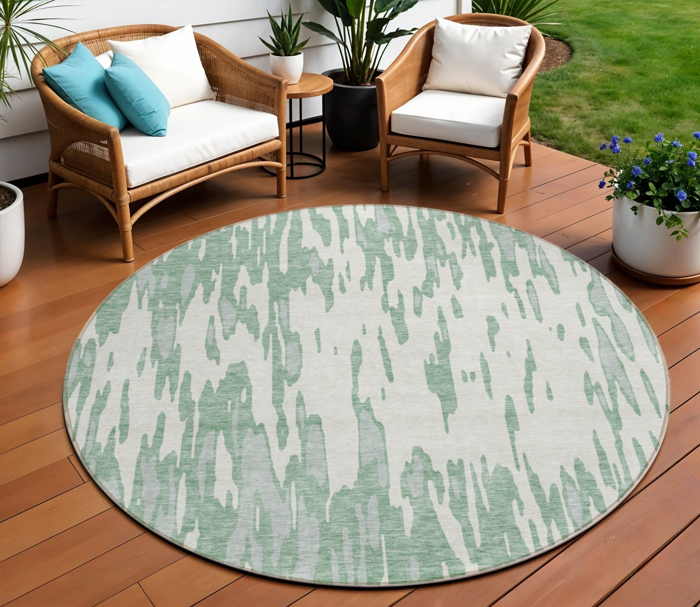 8' Sage And Ivory Round Abstract Washable Indoor Outdoor Area Rug-612697-1