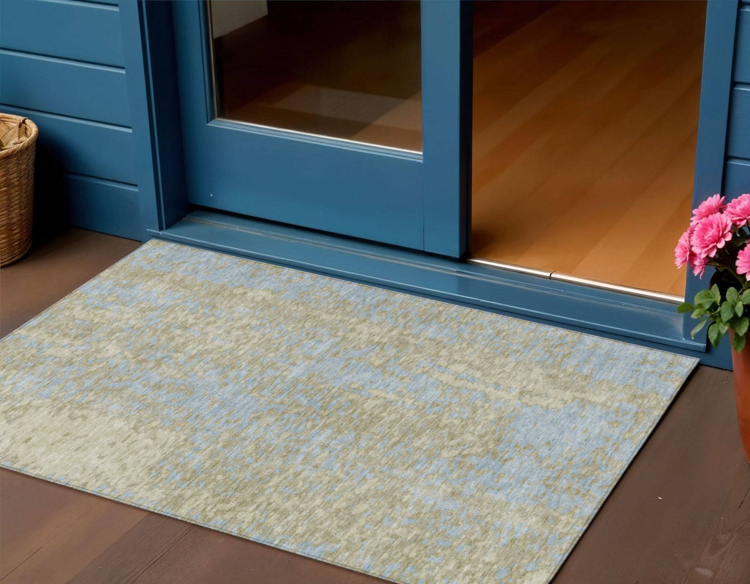 3' X 5' Beige And Blue Abstract Washable Indoor Outdoor Area Rug-612911-1