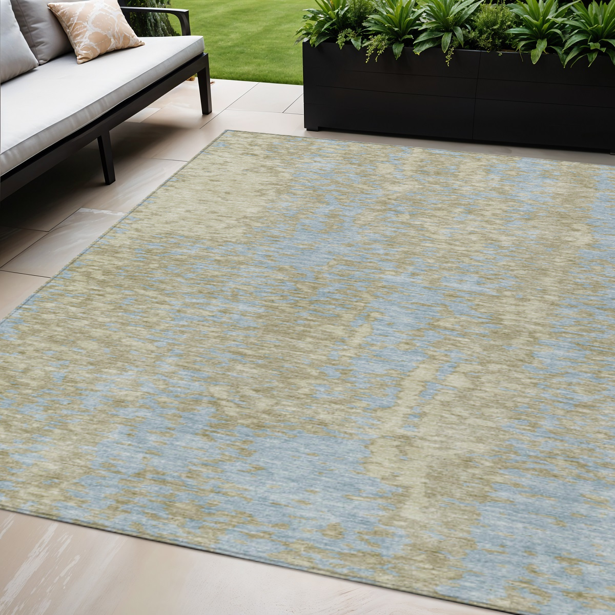 5' X 8' Beige And Blue Abstract Washable Indoor Outdoor Area Rug-612912-1