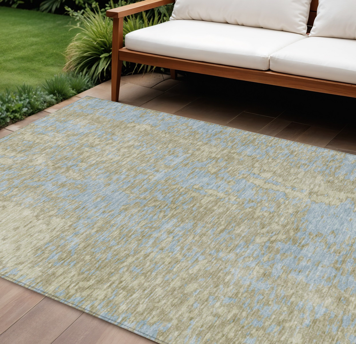 9' X 12' Beige And Blue Abstract Washable Indoor Outdoor Area Rug-612915-1
