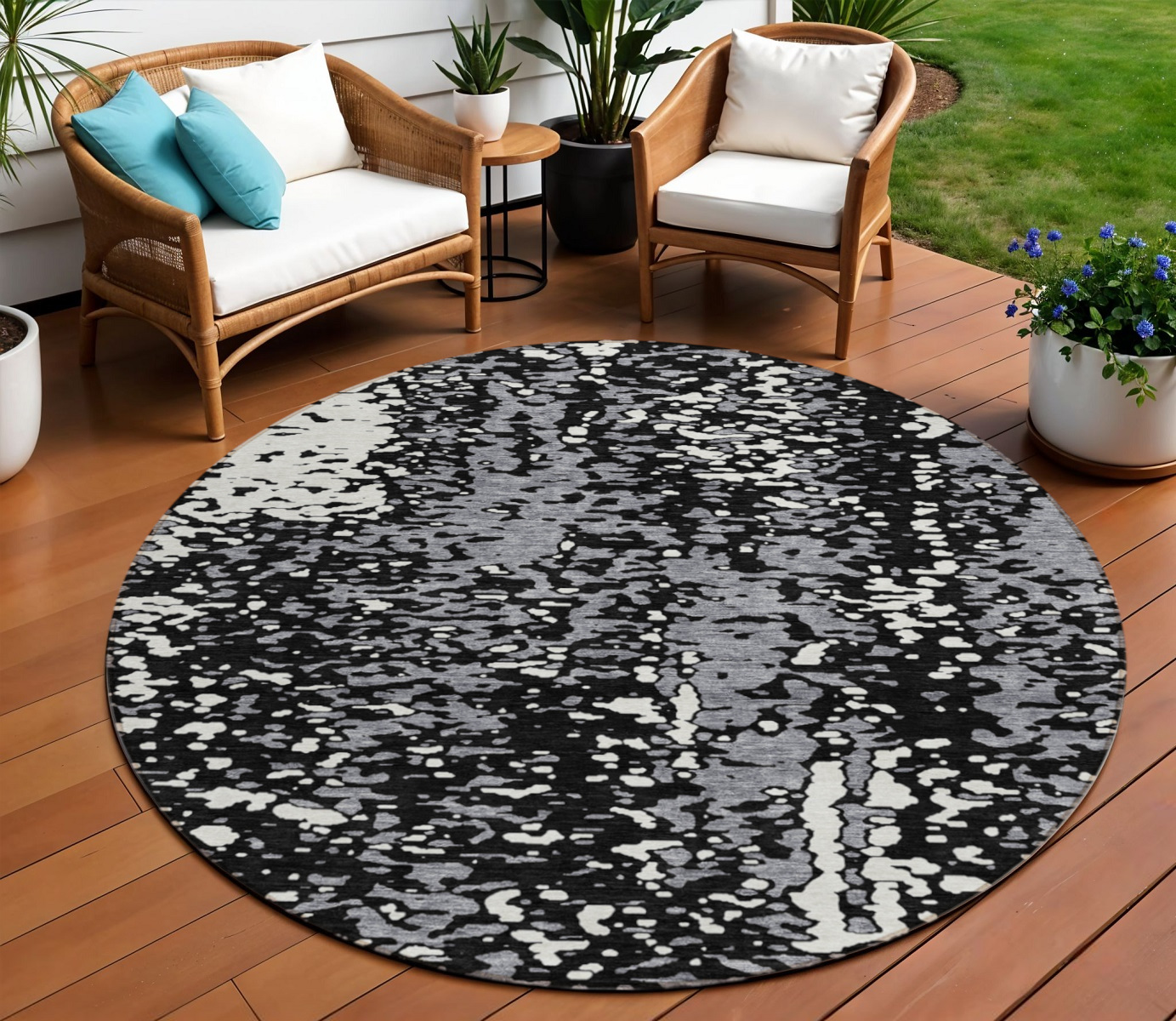 8' Black And Gray Round Abstract Washable Indoor Outdoor Area Rug-612919-1