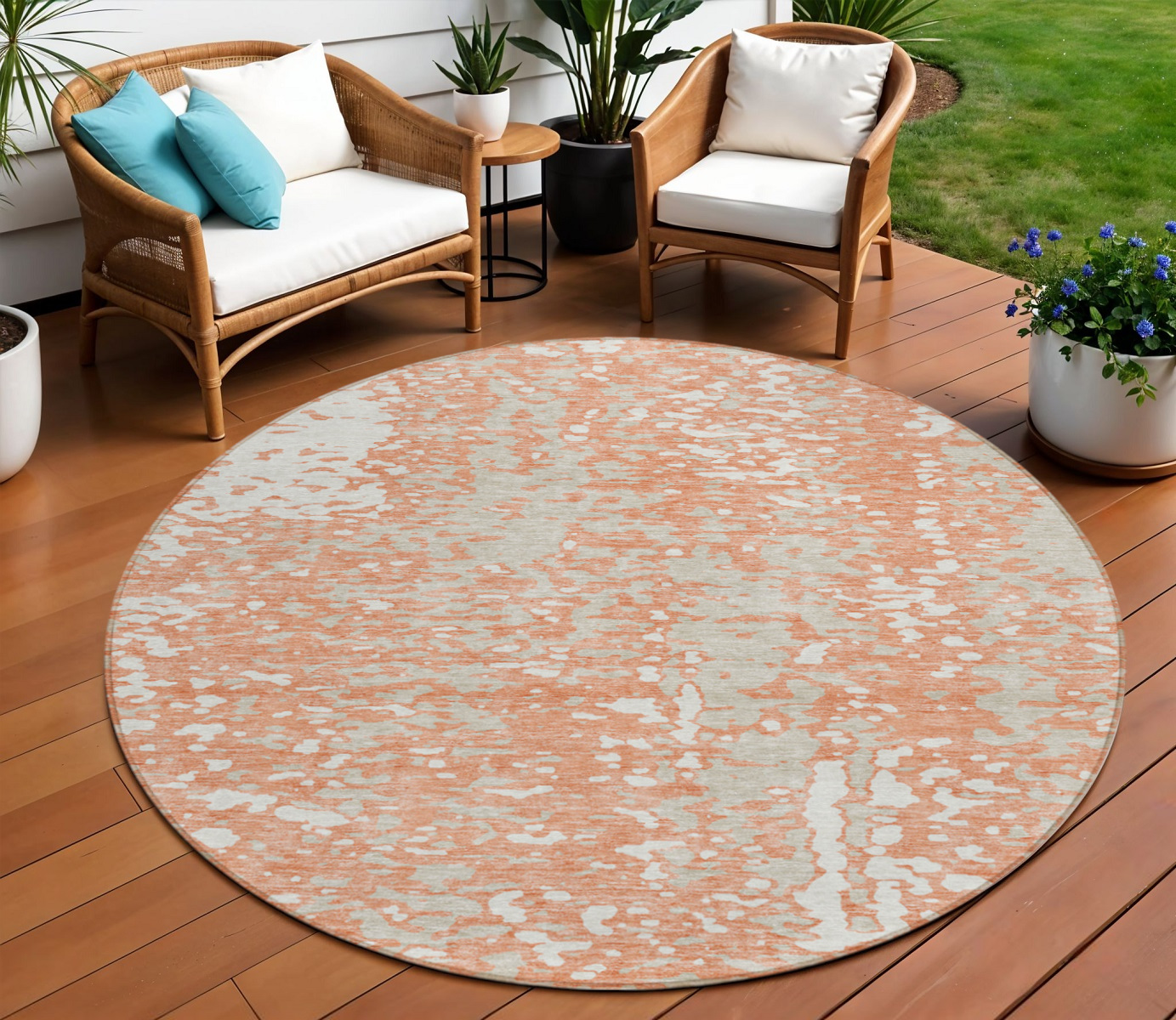 8' Coral And Ivory Round Abstract Washable Indoor Outdoor Area Rug-612925-1