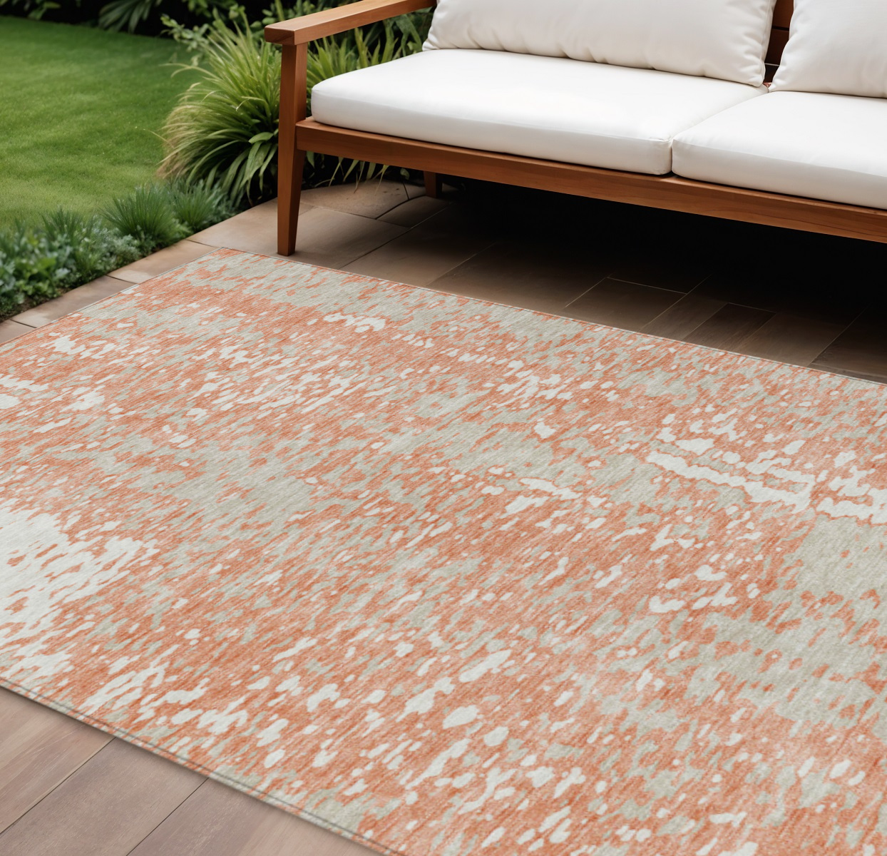 8' X 10' Coral And Ivory Abstract Washable Indoor Outdoor Area Rug-612926-1