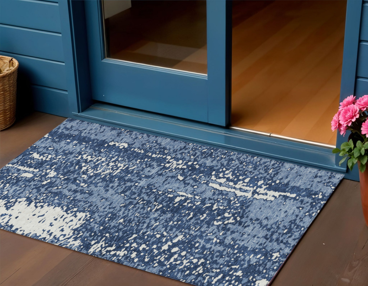 3' X 5' Denim Blue And Ivory Abstract Washable Indoor Outdoor Area Rug-612929-1