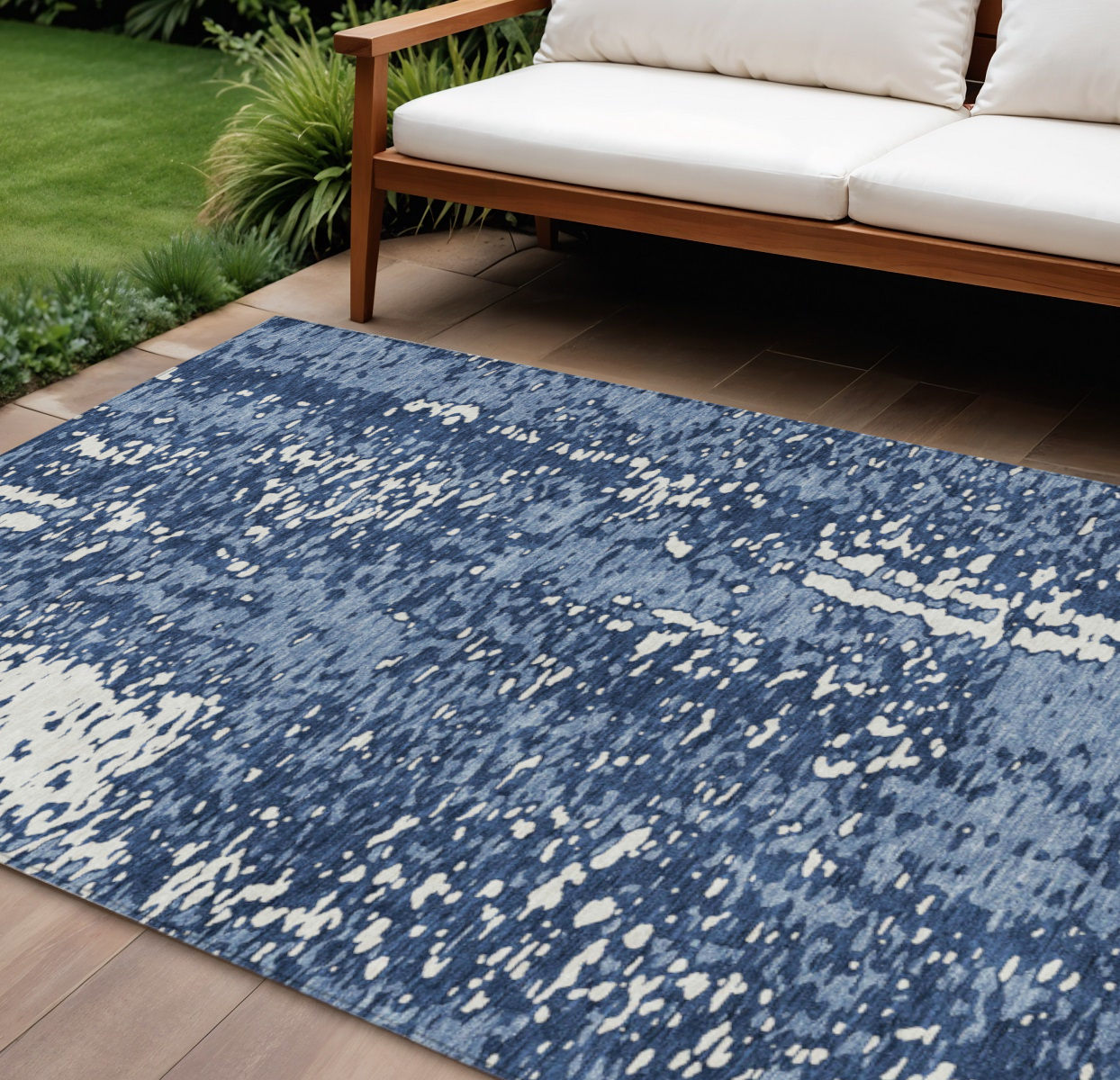 10' X 14' Denim Blue And Ivory Abstract Washable Indoor Outdoor Area Rug-612934-1