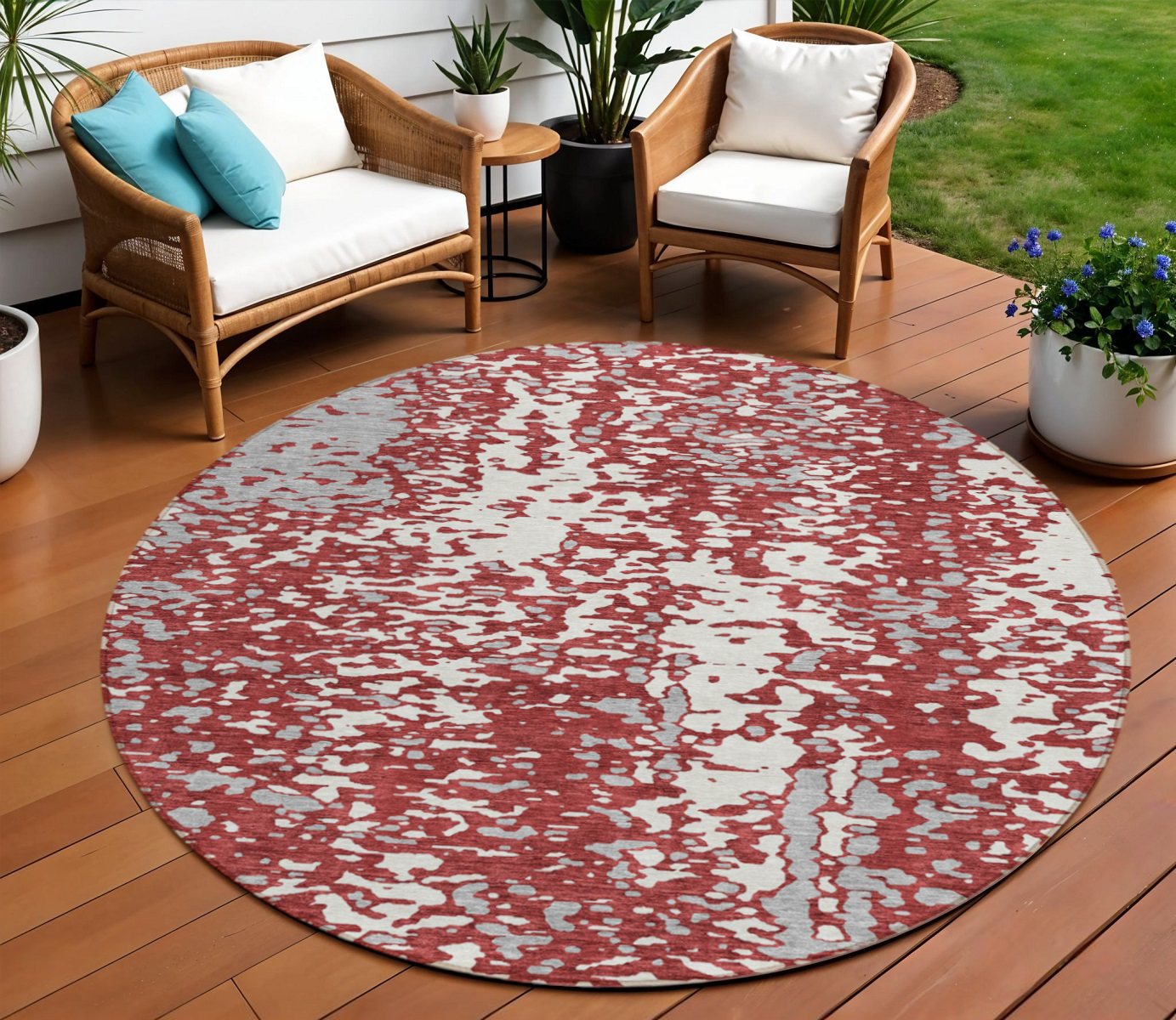 8' Burgundy And Ivory Round Abstract Washable Indoor Outdoor Area Rug-612943-1