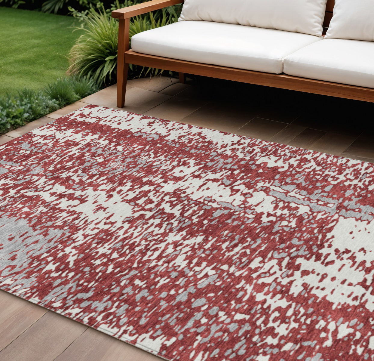 9' X 12' Burgundy And Ivory Abstract Washable Indoor Outdoor Area Rug-612945-1
