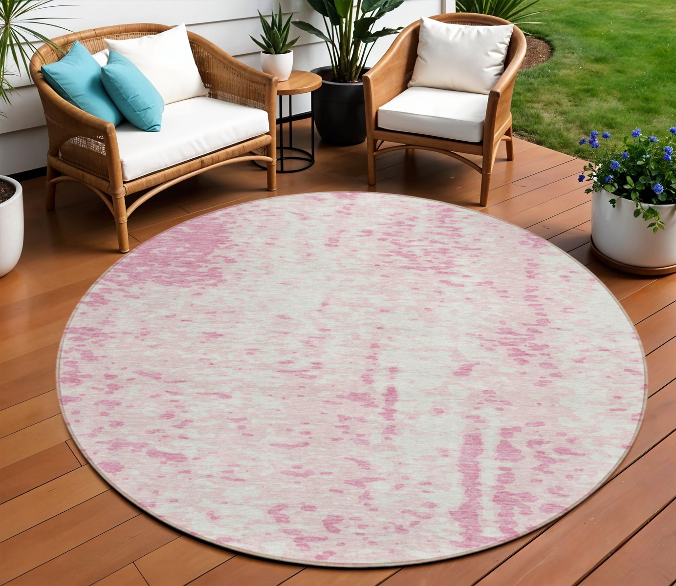 8' Pink And Ivory Round Abstract Washable Indoor Outdoor Area Rug-612961-1