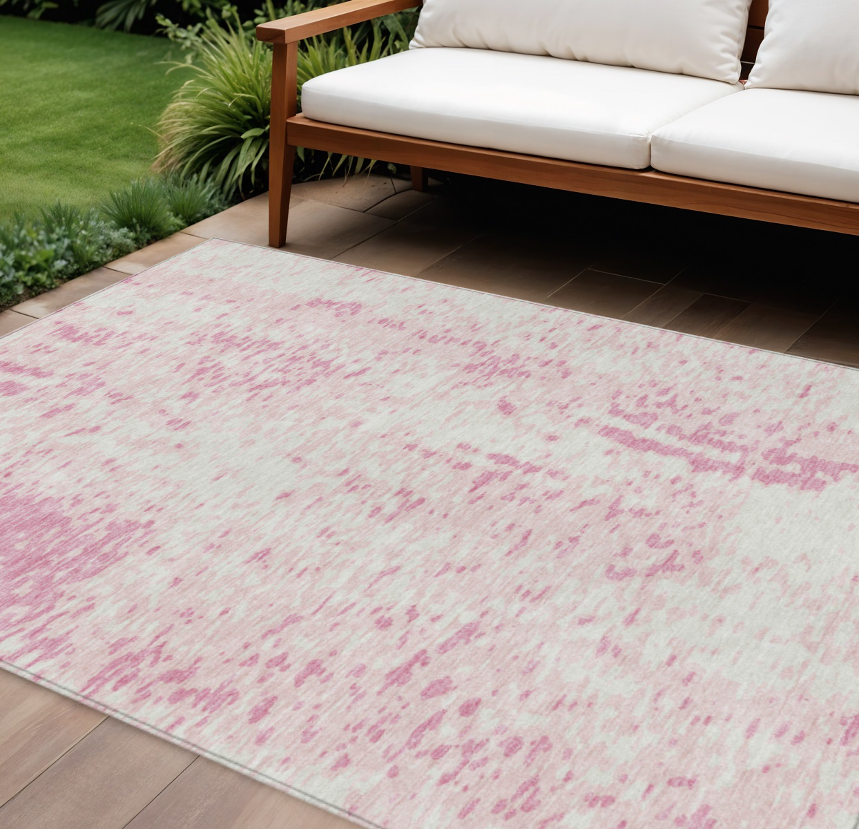 10' X 14' Pink And Ivory Abstract Washable Indoor Outdoor Area Rug-612964-1