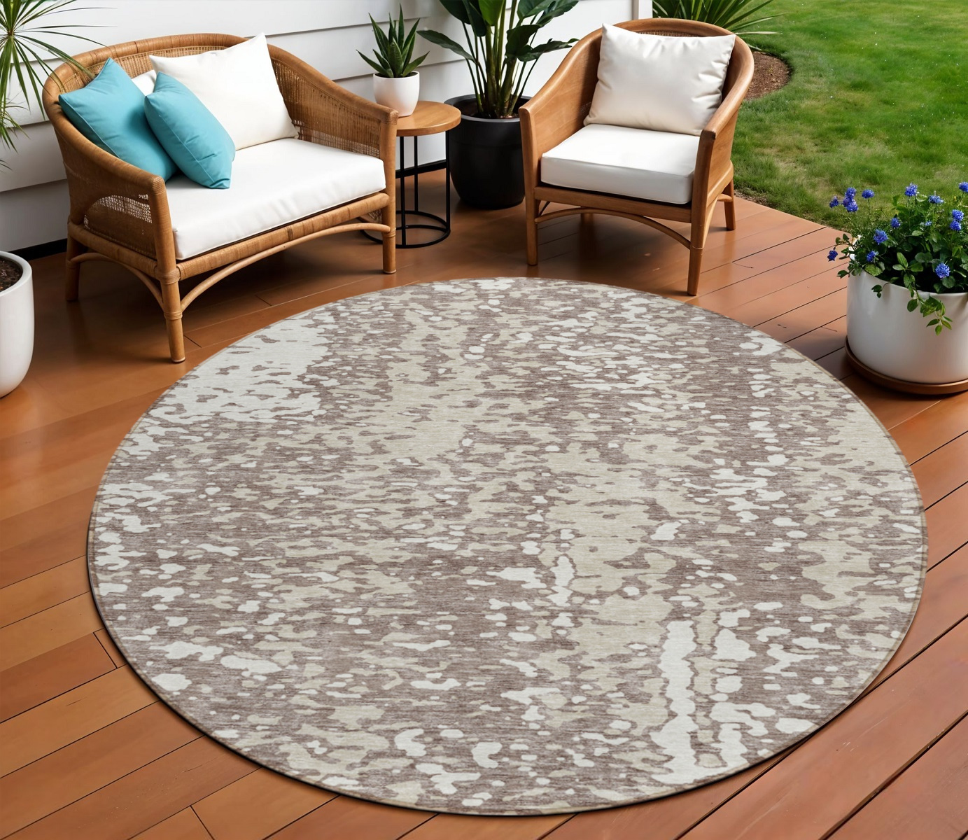 8' Taupe And Ivory Round Abstract Washable Indoor Outdoor Area Rug-612967-1