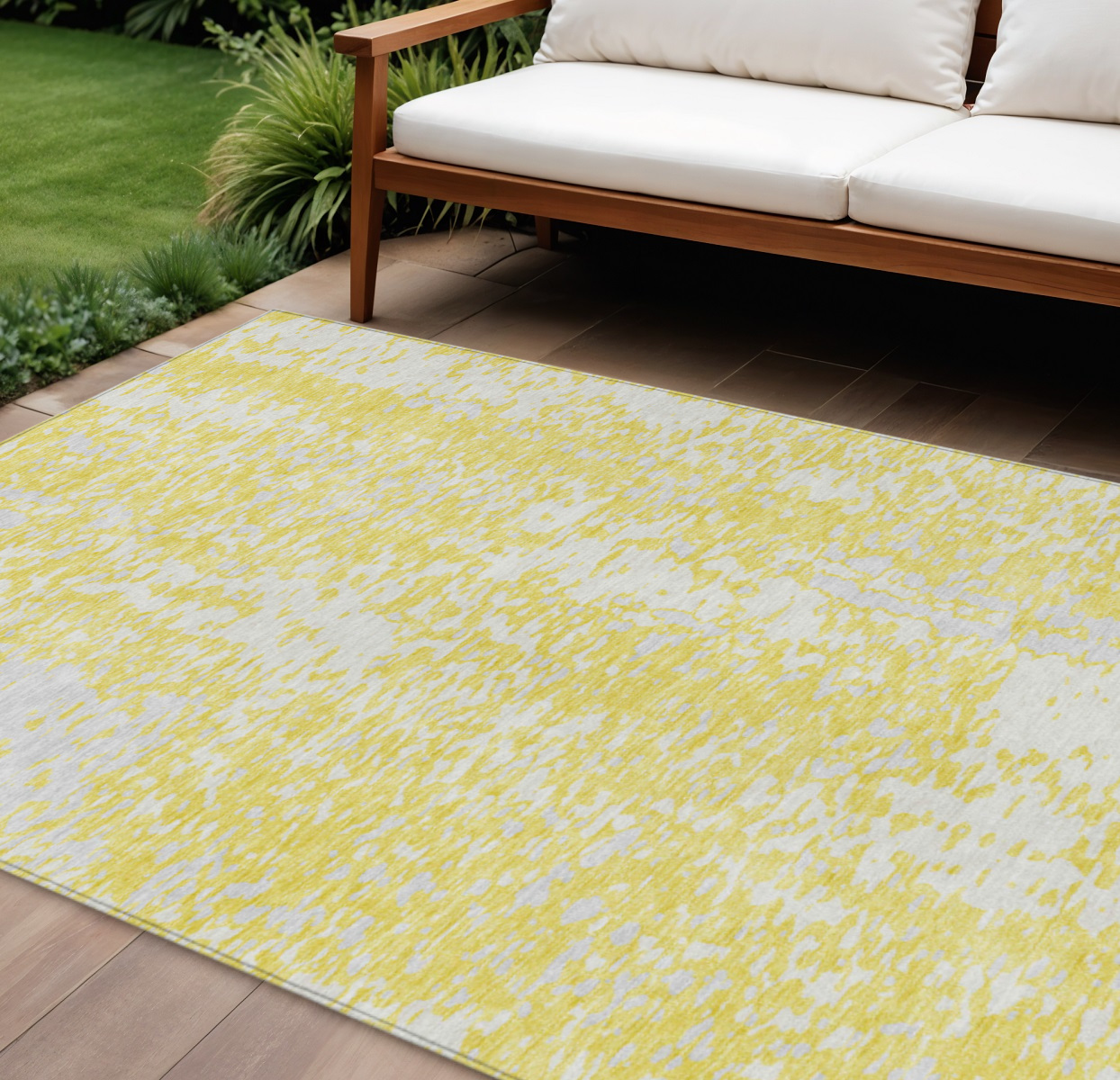 9' X 12' Yellow And Ivory Abstract Washable Indoor Outdoor Area Rug-612975-1