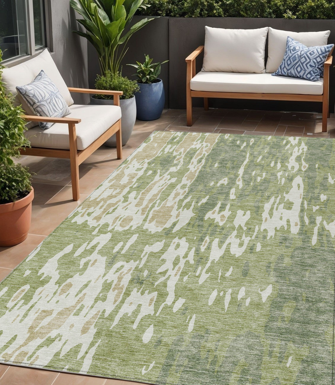 5' X 8' Sage And Ivory Abstract Washable Indoor Outdoor Area Rug-613315-1