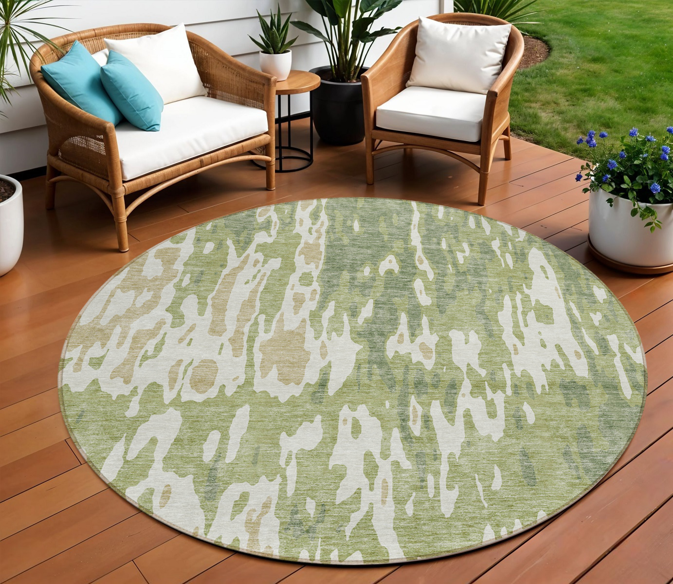 8' Sage And Ivory Round Abstract Washable Indoor Outdoor Area Rug-613316-1