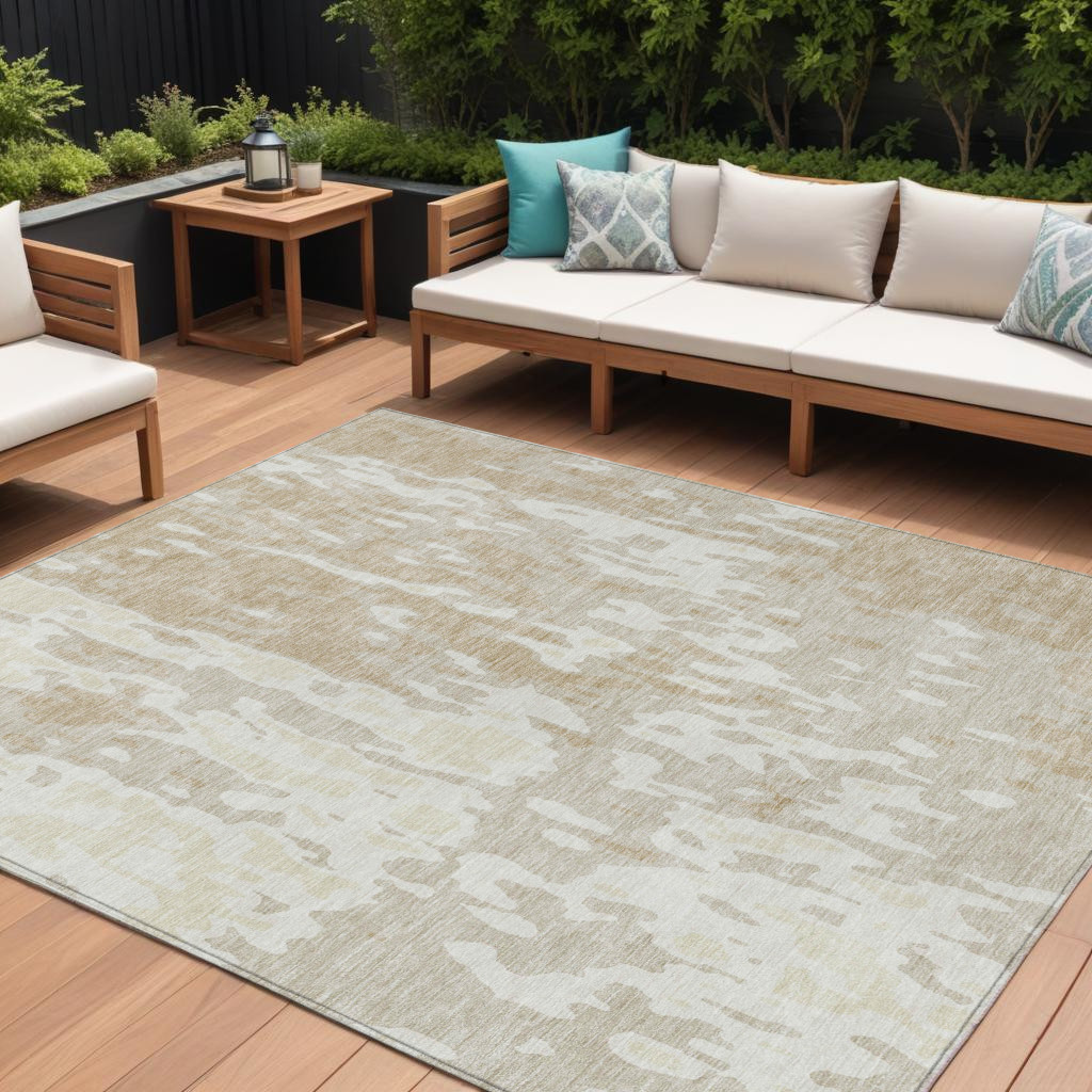 9' X 12' Beige And Ivory Abstract Washable Indoor Outdoor Area Rug-613324-1