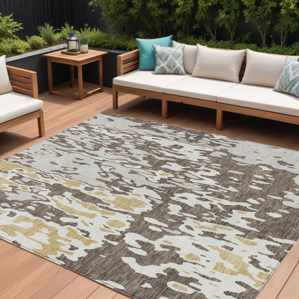 10' X 14' Brown And Ivory Abstract Washable Indoor Outdoor Area Rug-613337-1