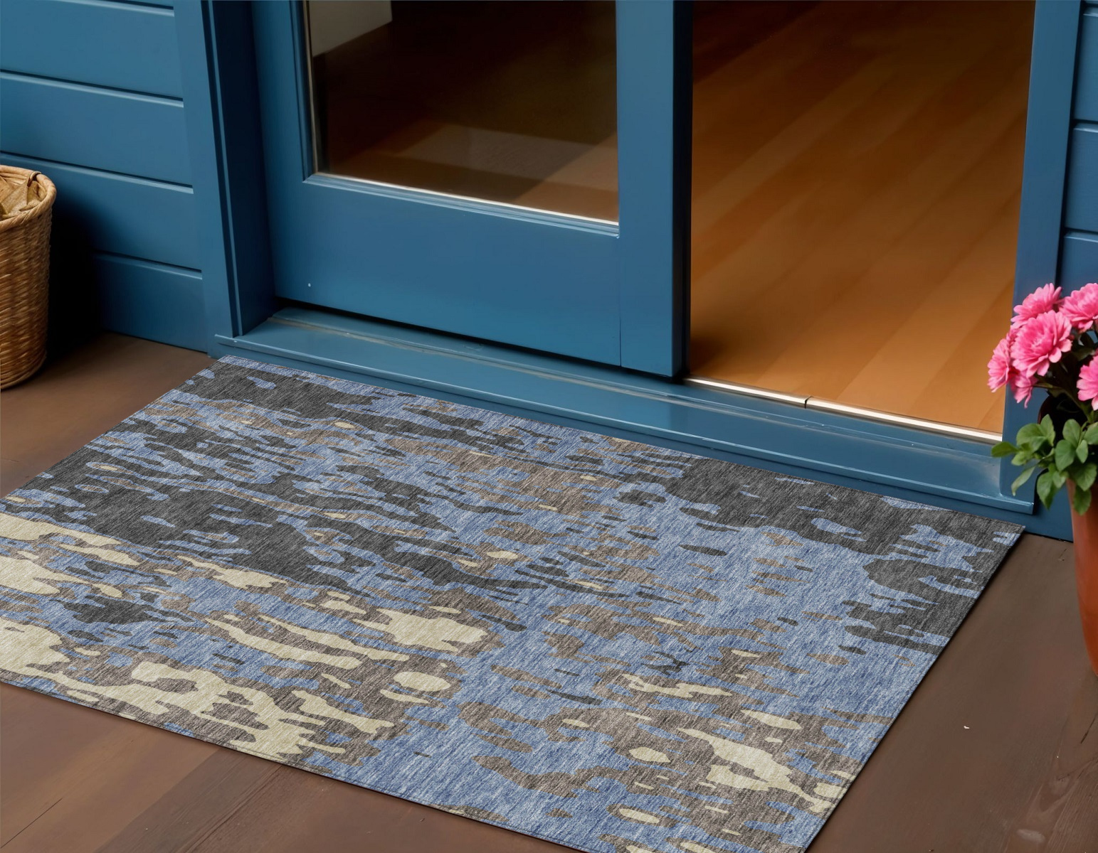 3' X 5' Denim Blue And Beige Abstract Washable Indoor Outdoor Area Rug-613338-1