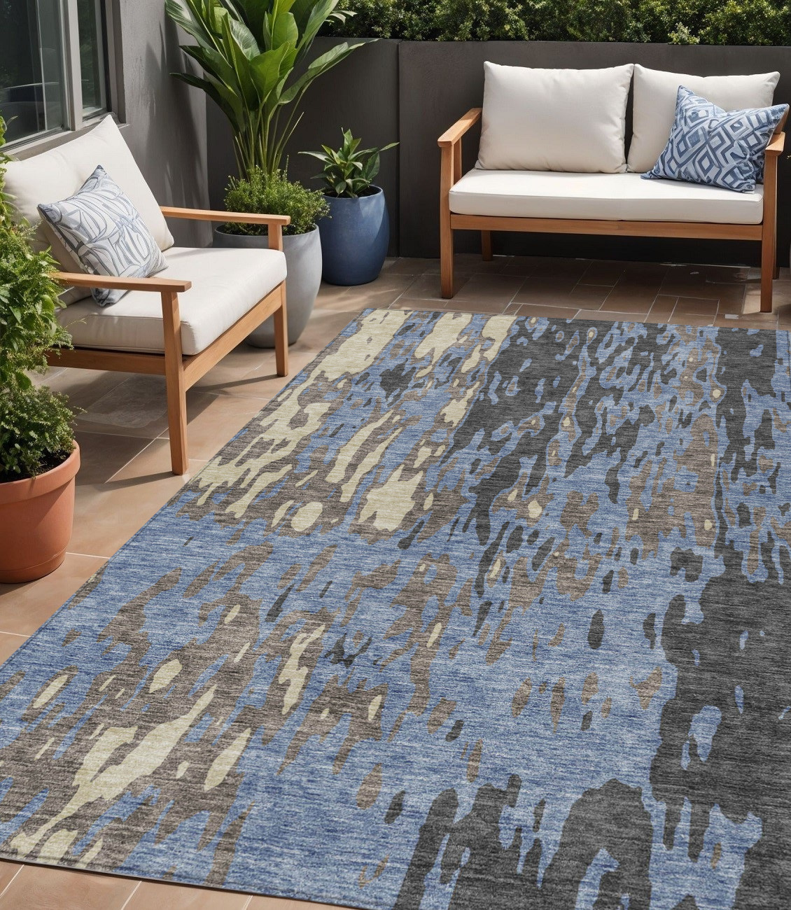 5' X 8' Denim Blue And Beige Abstract Washable Indoor Outdoor Area Rug-613339-1