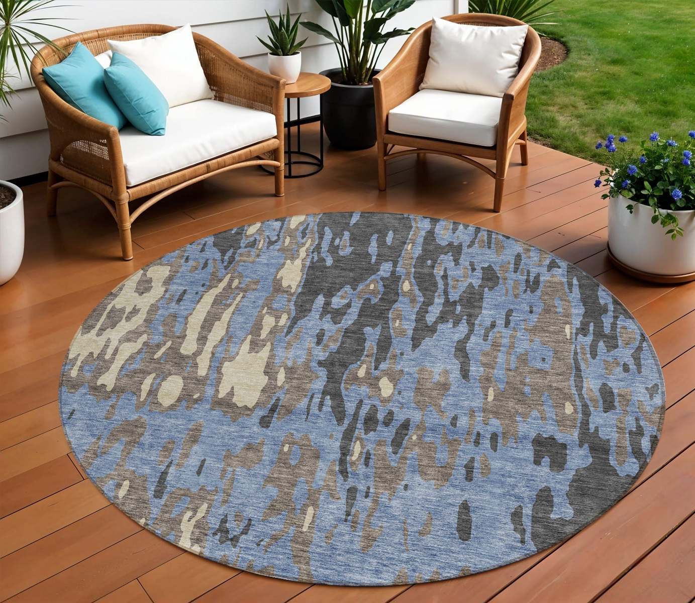 8' Denim Blue And Beige Round Abstract Washable Indoor Outdoor Area Rug-613340-1
