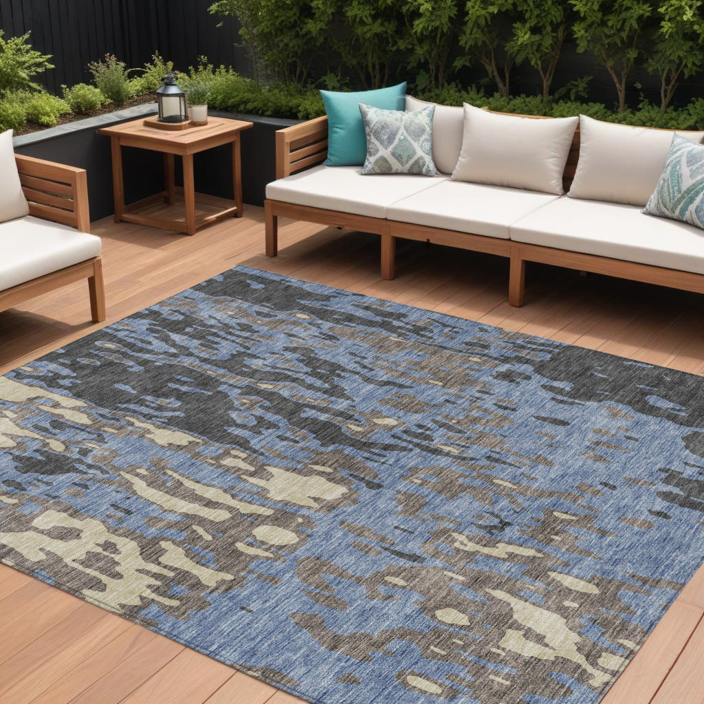 9' X 12' Denim Blue And Beige Abstract Washable Indoor Outdoor Area Rug-613342-1
