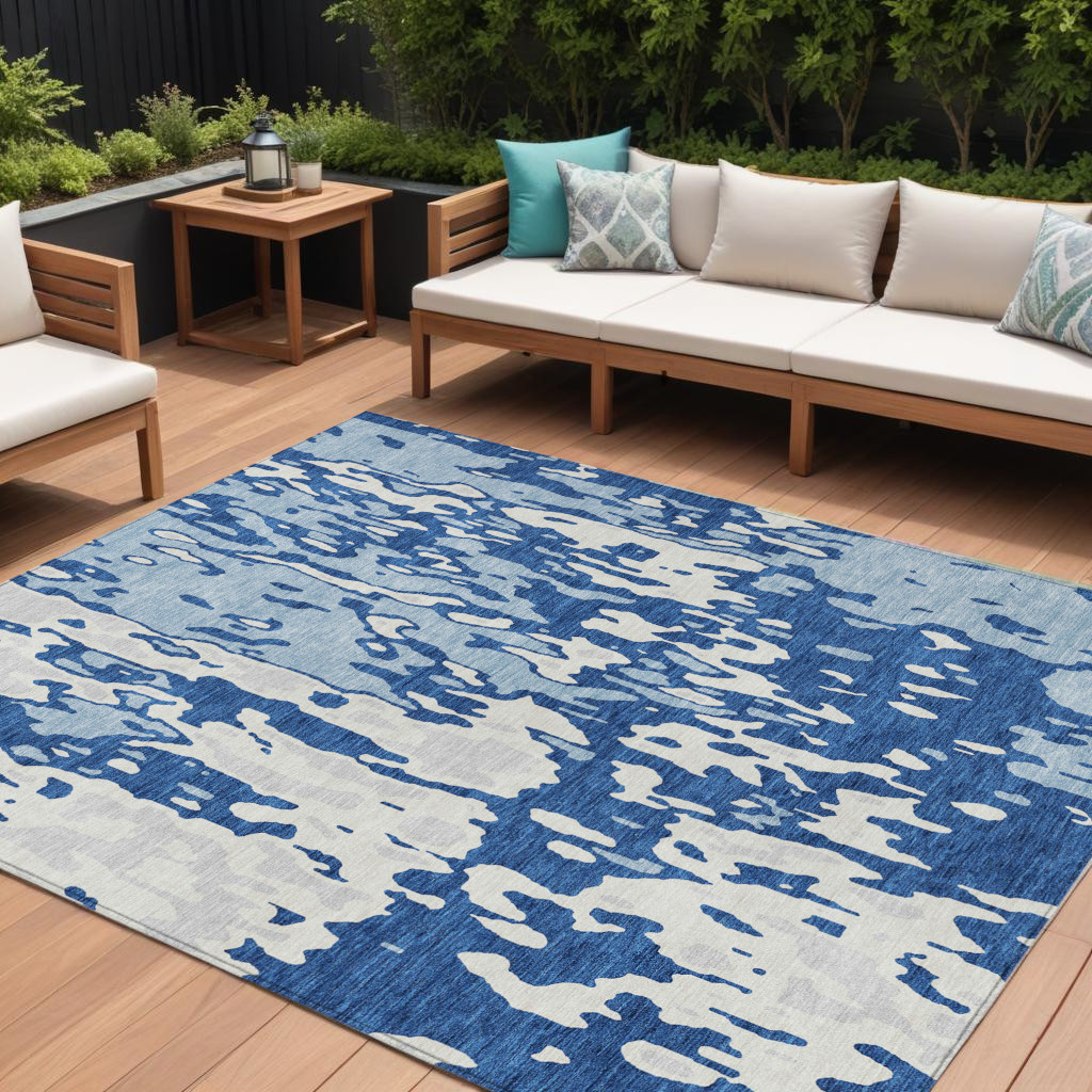 8' X 10' Navy Blue And Ivory Abstract Washable Indoor Outdoor Area Rug-613353-1