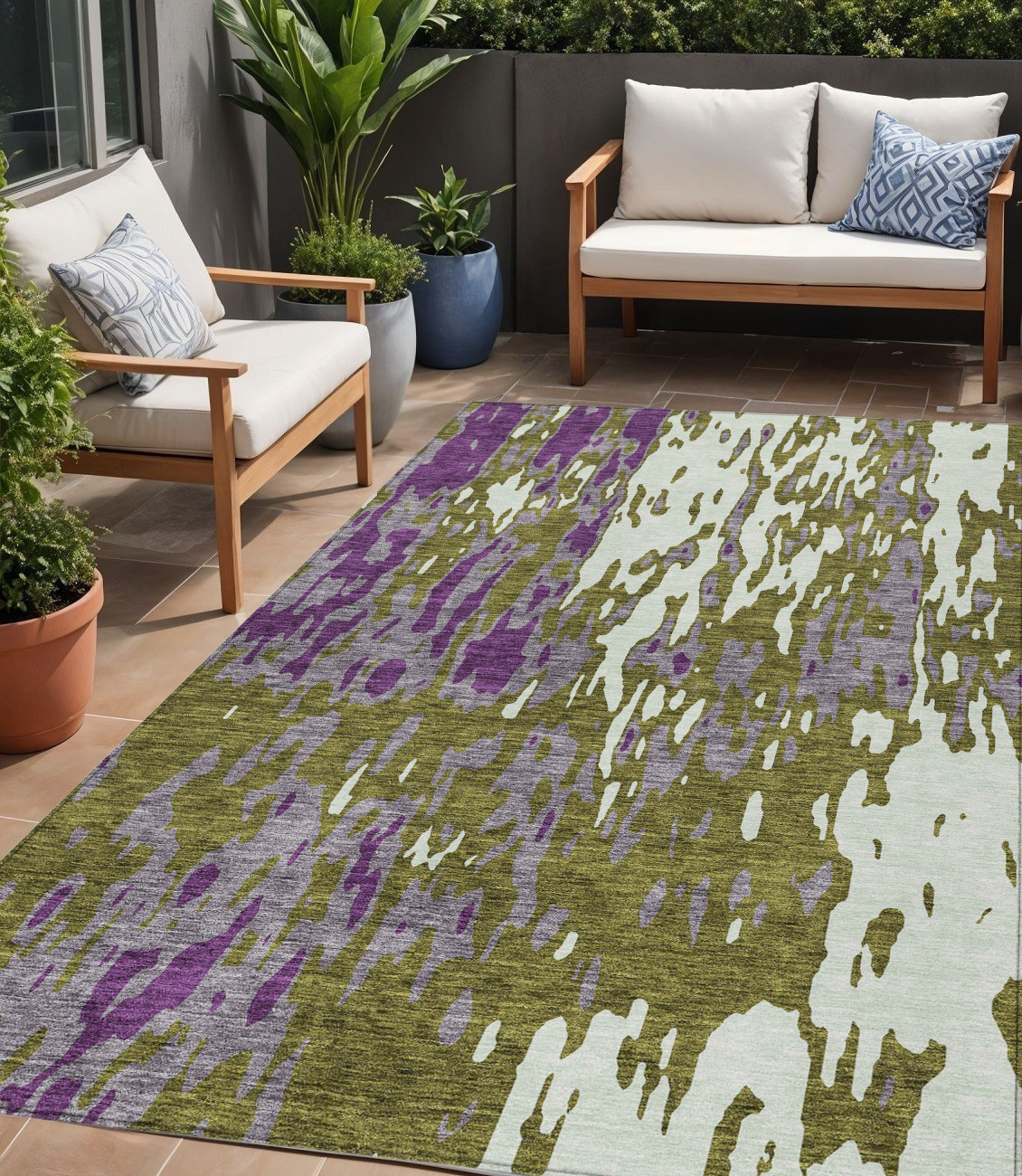 5' X 8' Olive Green And Purple Abstract Washable Indoor Outdoor Area Rug-613357-1