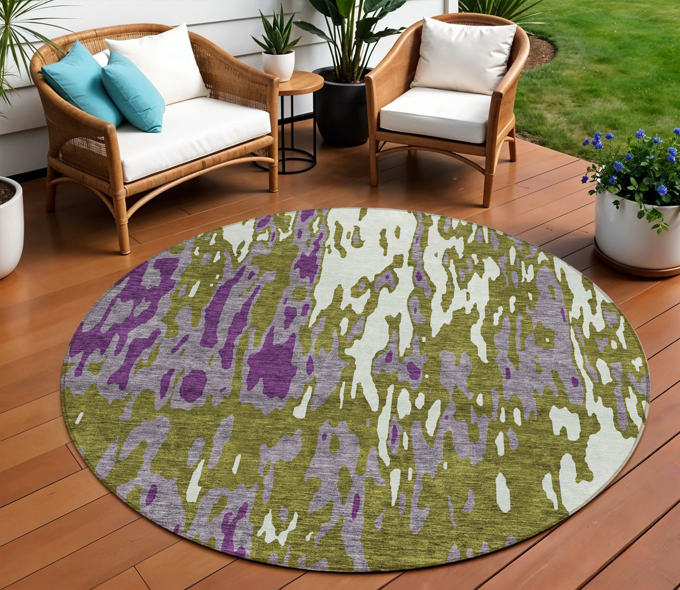 8' Olive Green And Purple Round Abstract Washable Indoor Outdoor Area Rug-613358-1