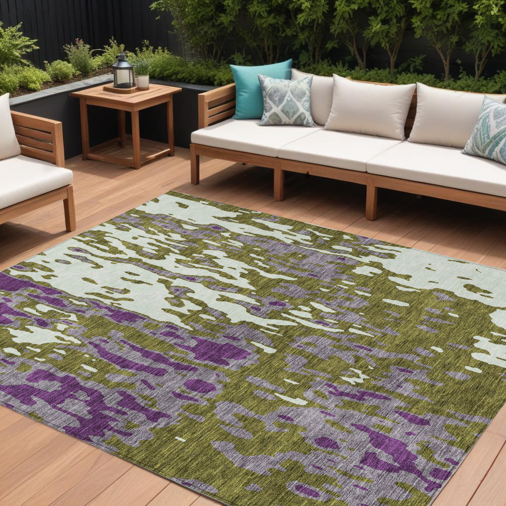 8' X 10' Olive Green And Purple Abstract Washable Indoor Outdoor Area Rug-613359-1