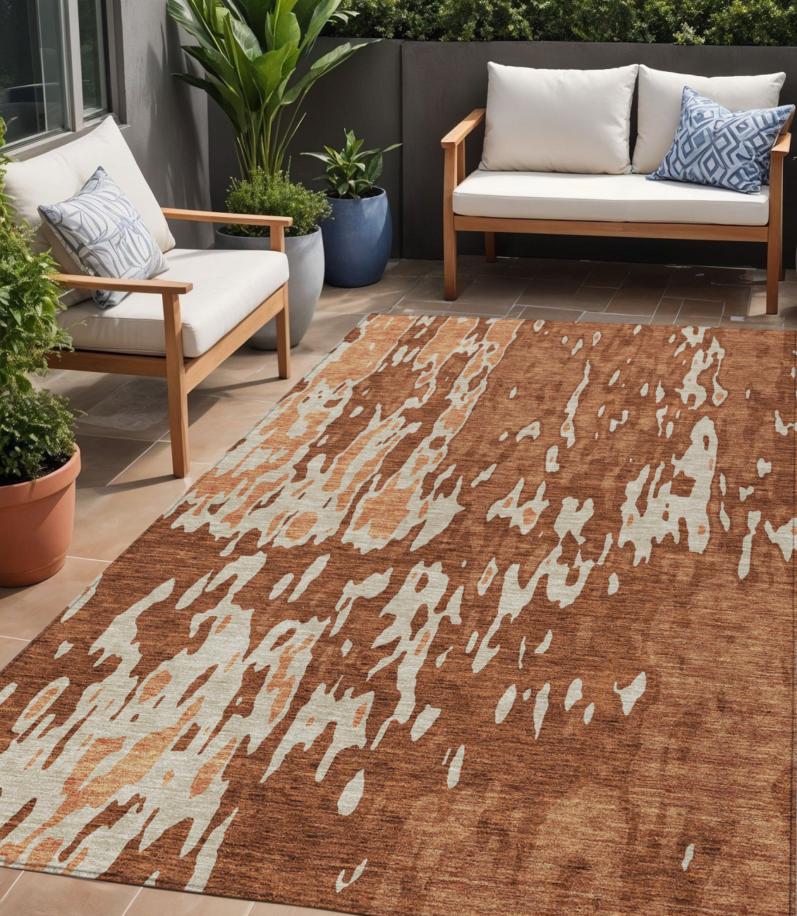 5' X 8' Orange And Ivory Abstract Washable Indoor Outdoor Area Rug-613363-1
