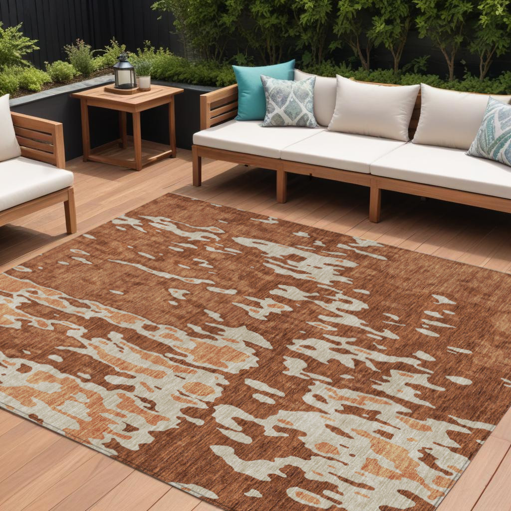 10' X 14' Orange And Ivory Abstract Washable Indoor Outdoor Area Rug-613367-1