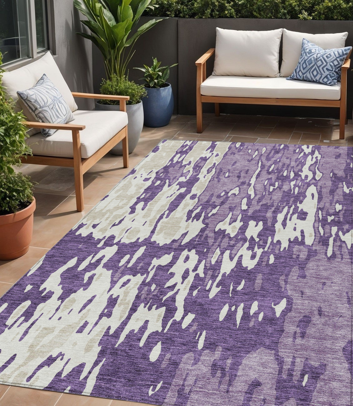 5' X 8' Purple And Ivory Abstract Washable Indoor Outdoor Area Rug-613369-1