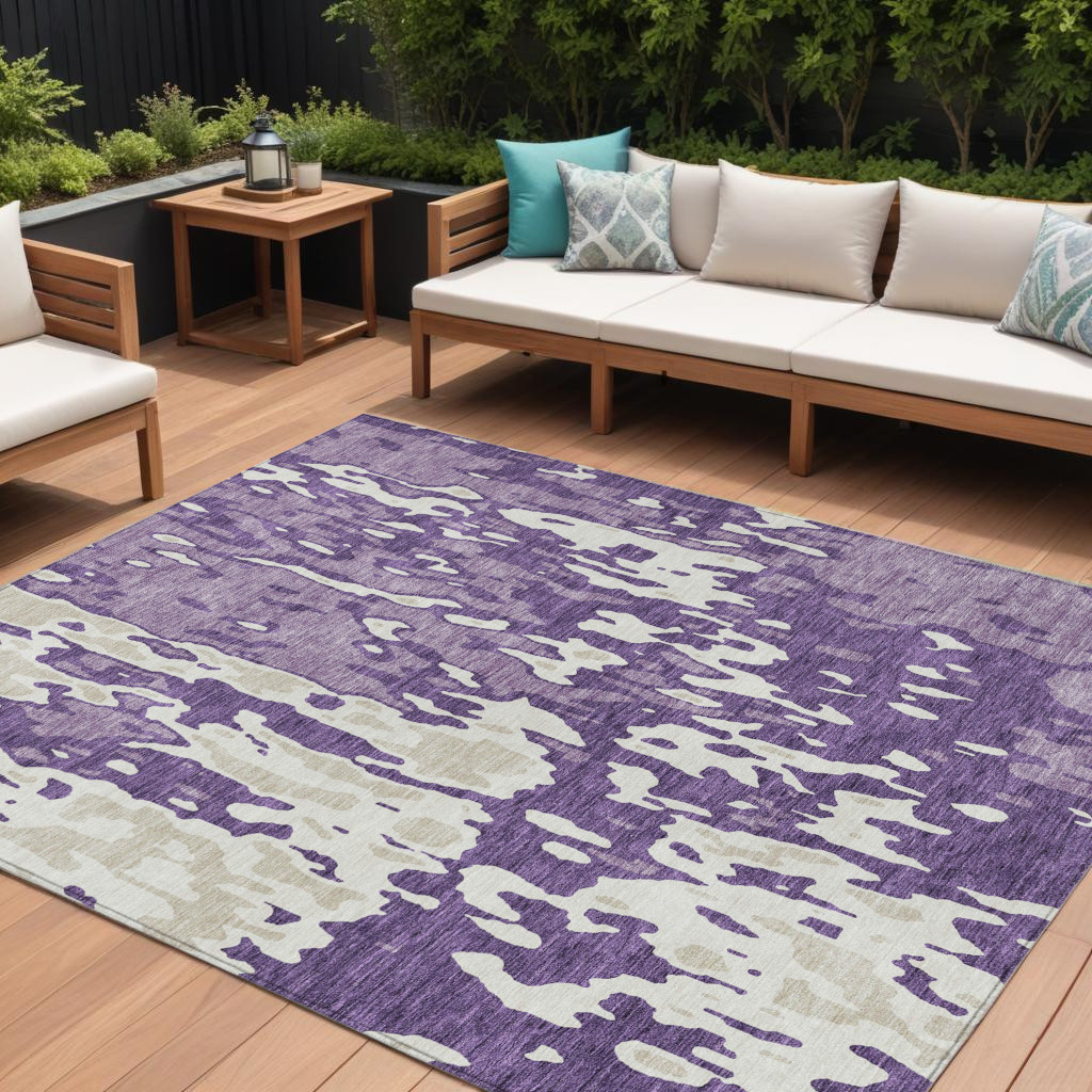 10' X 14' Purple And Ivory Abstract Washable Indoor Outdoor Area Rug-613373-1