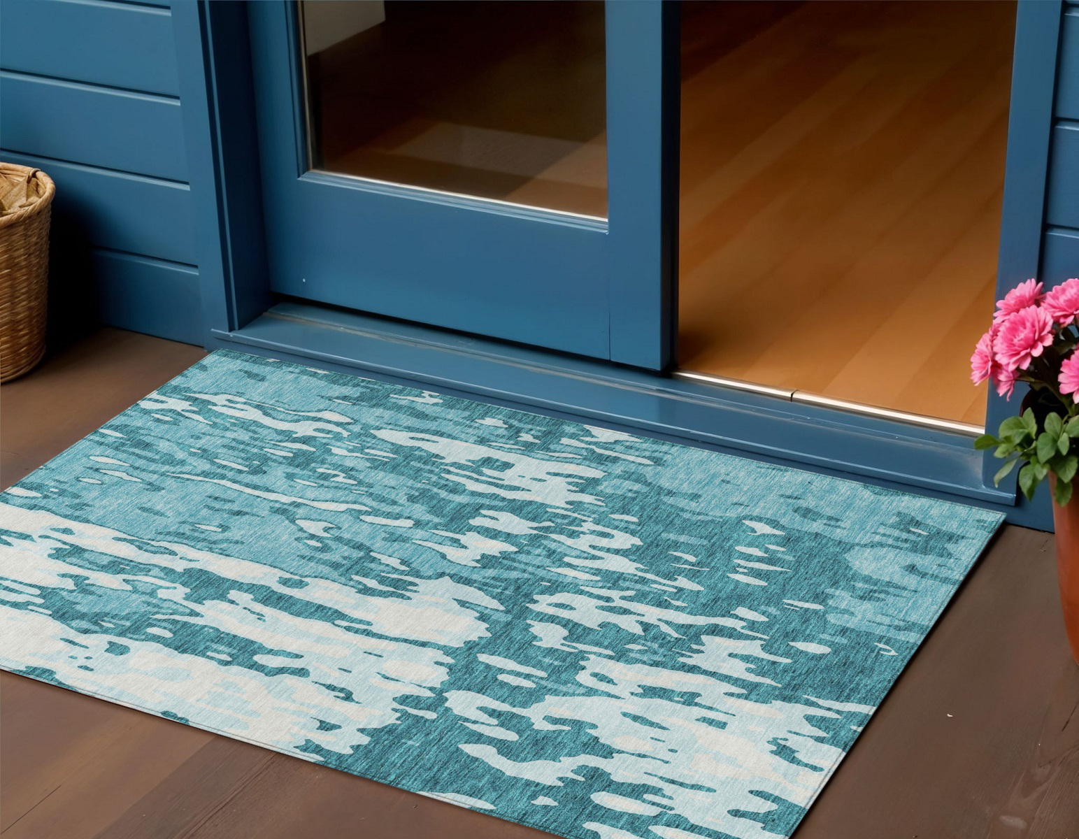 3' X 5' Teal Blue And Ivory Abstract Washable Indoor Outdoor Area Rug-613374-1