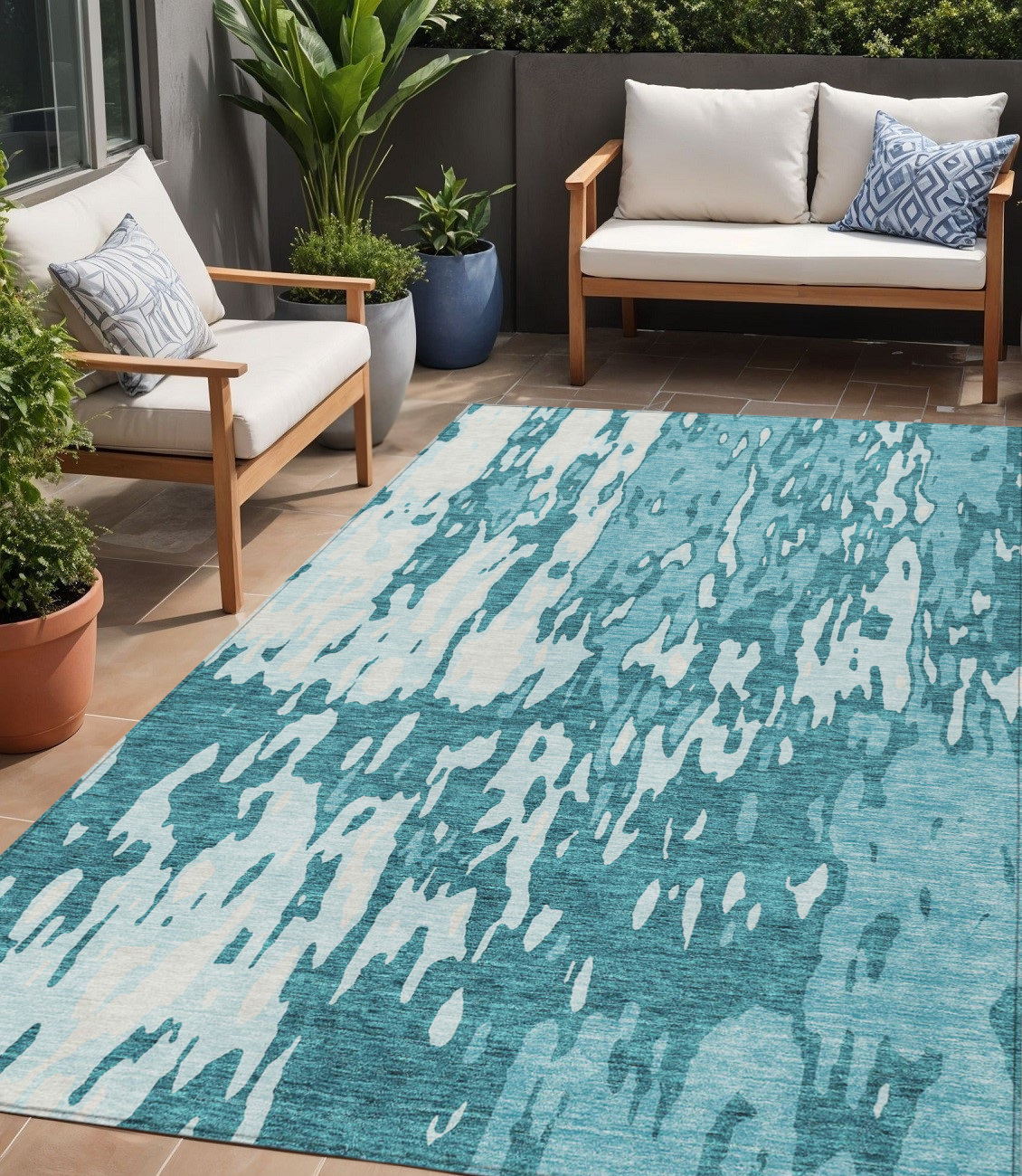 5' X 8' Teal Blue And Ivory Abstract Washable Indoor Outdoor Area Rug-613375-1