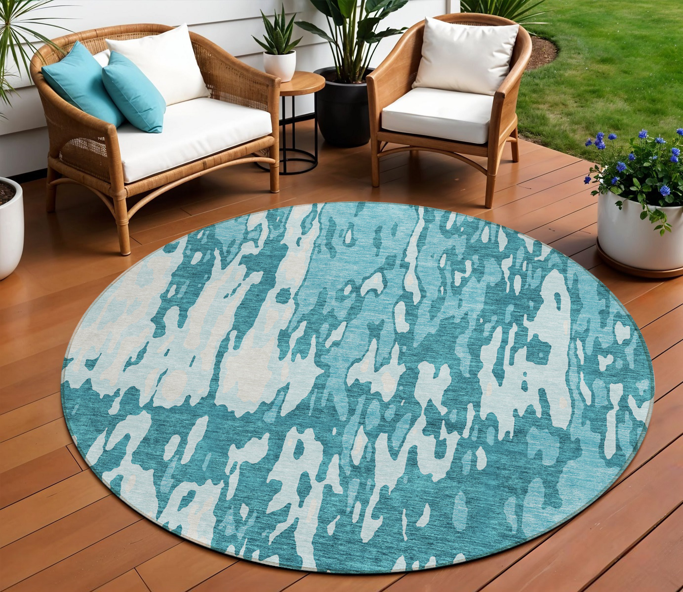 8' Teal Blue And Ivory Round Abstract Washable Indoor Outdoor Area Rug-613376-1