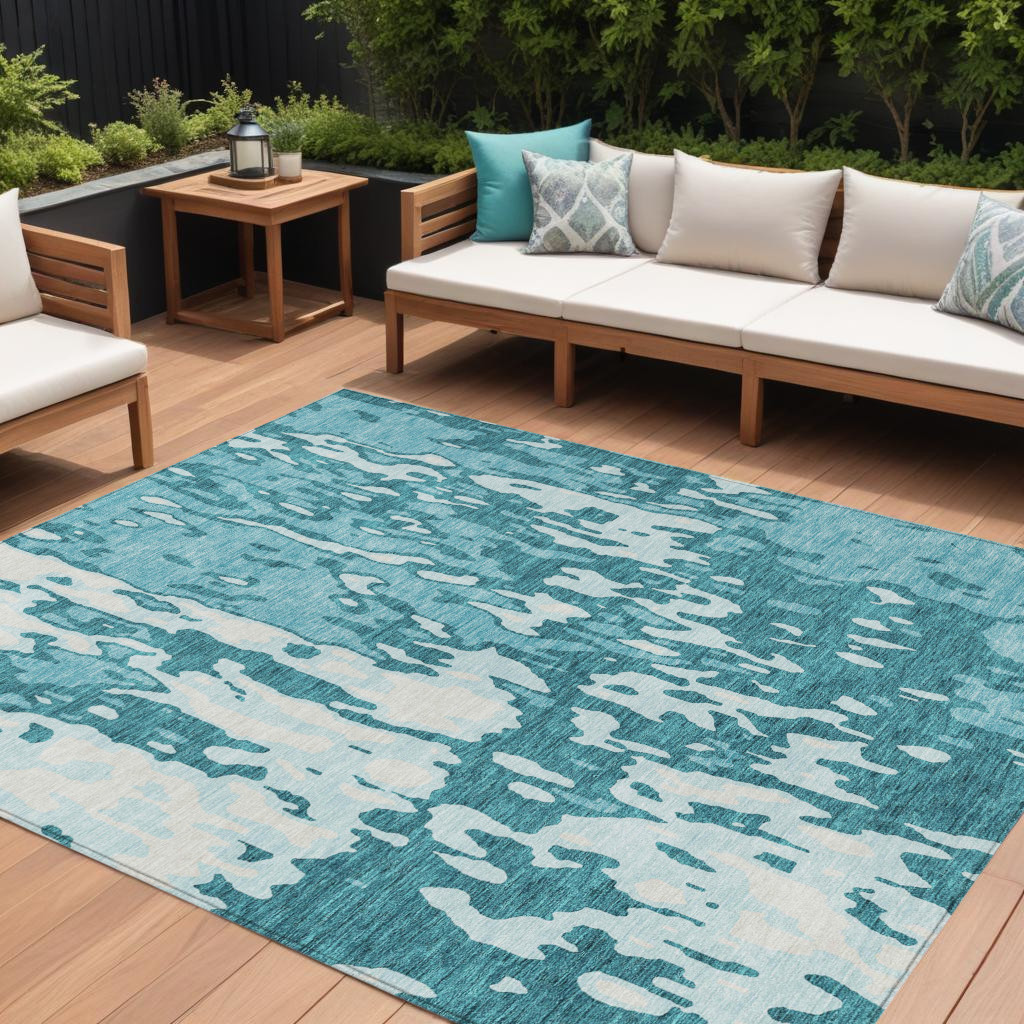 9' X 12' Teal Blue And Ivory Abstract Washable Indoor Outdoor Area Rug-613378-1