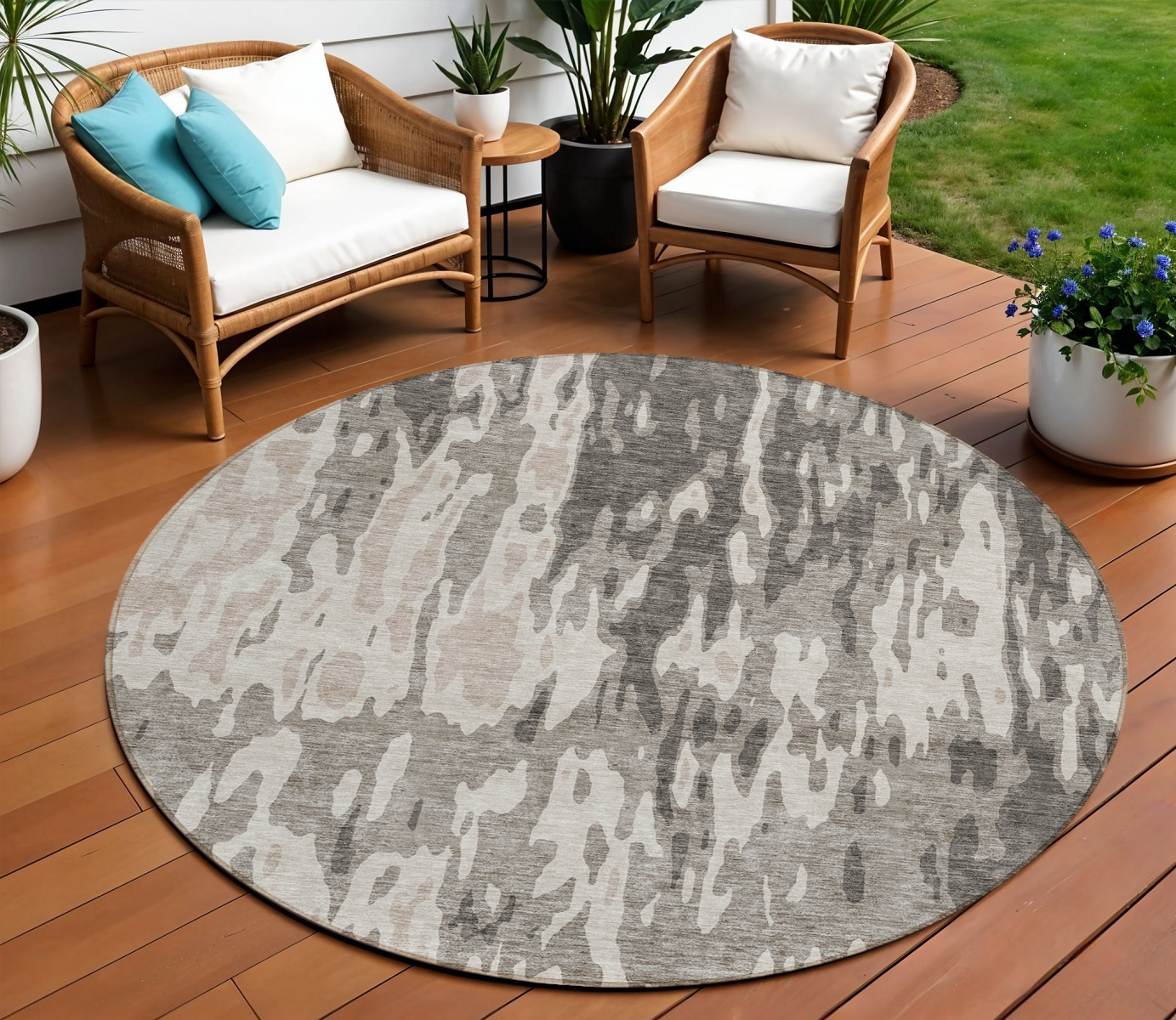 8' Taupe And Ivory Round Abstract Washable Indoor Outdoor Area Rug-613382-1