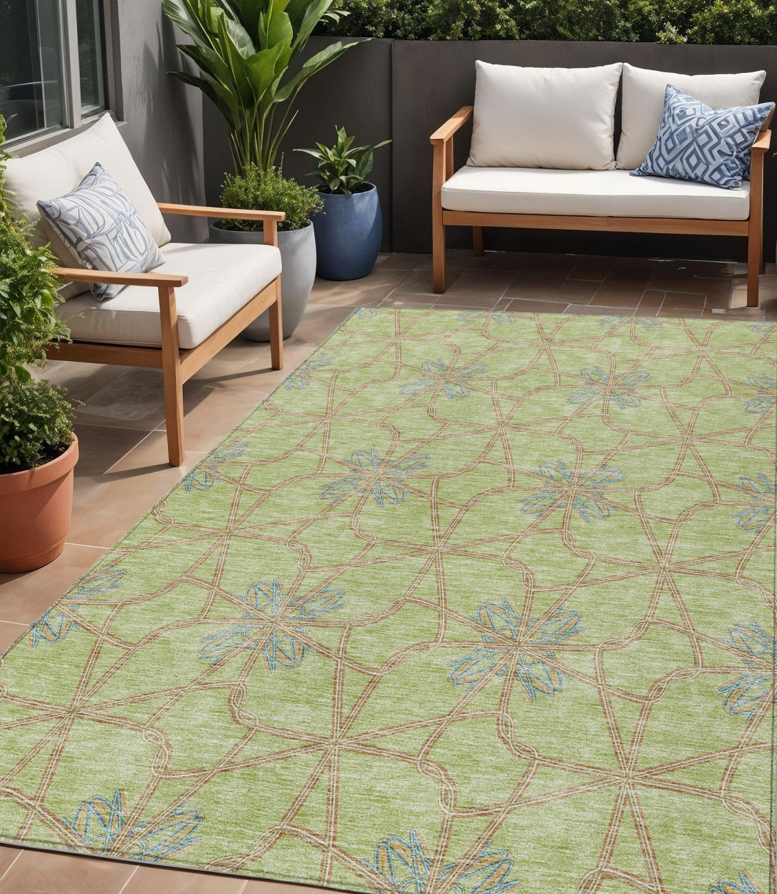 5' X 8' Sage And Blue Geometric Washable Indoor Outdoor Area Rug-613387-1