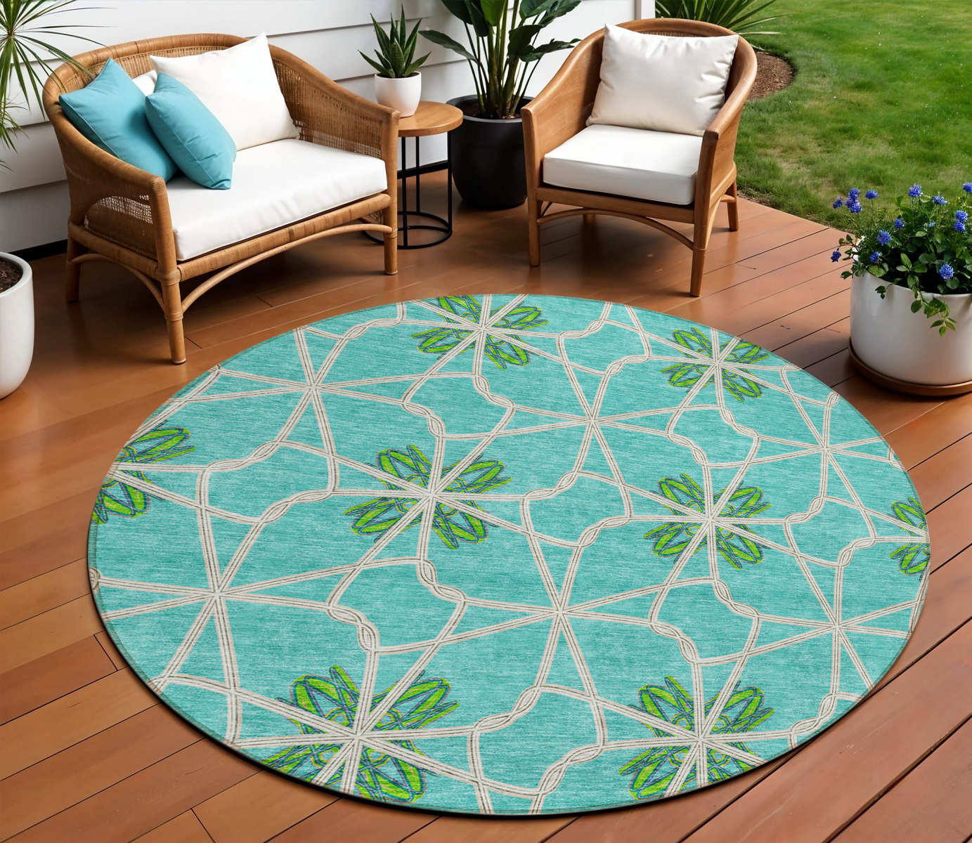 8' Aqua And Green Round Geometric Washable Indoor Outdoor Area Rug-613394-1