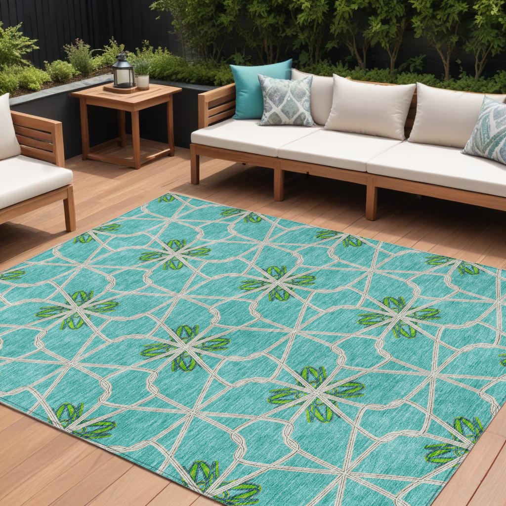 10' X 14' Aqua And Green Geometric Washable Indoor Outdoor Area Rug-613397-1