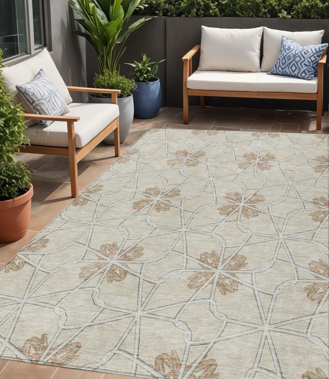 5' X 8' Beige And Taupe Geometric Washable Indoor Outdoor Area Rug-613399-1