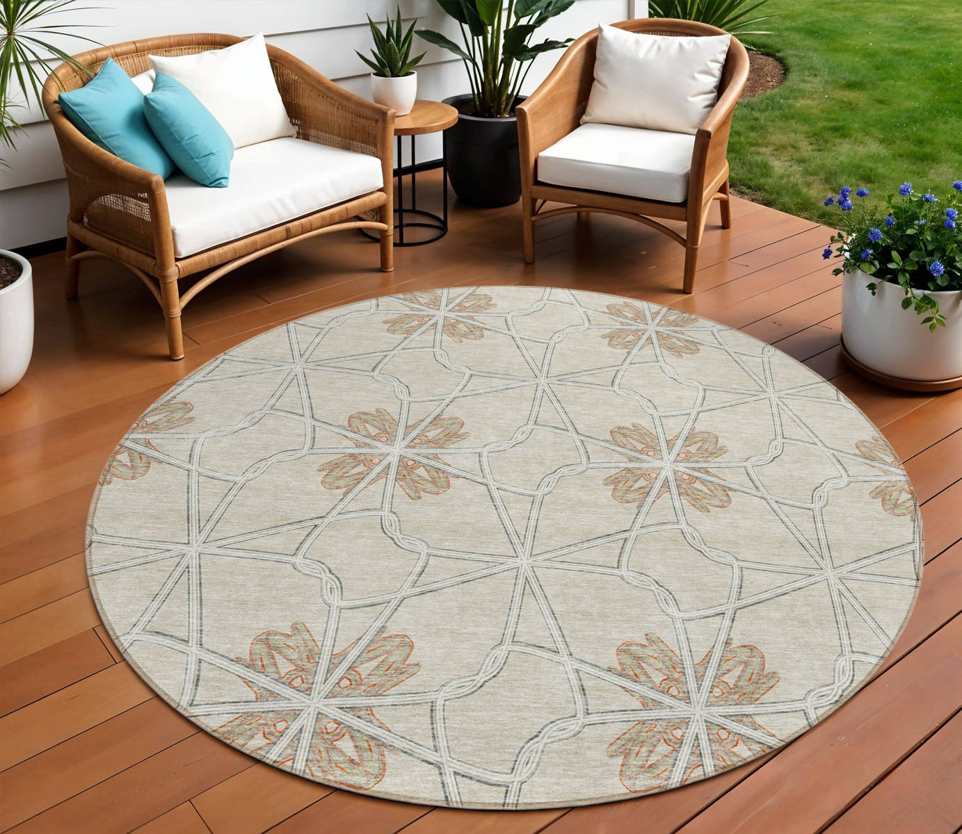 8' Beige And Taupe Round Geometric Washable Indoor Outdoor Area Rug-613400-1