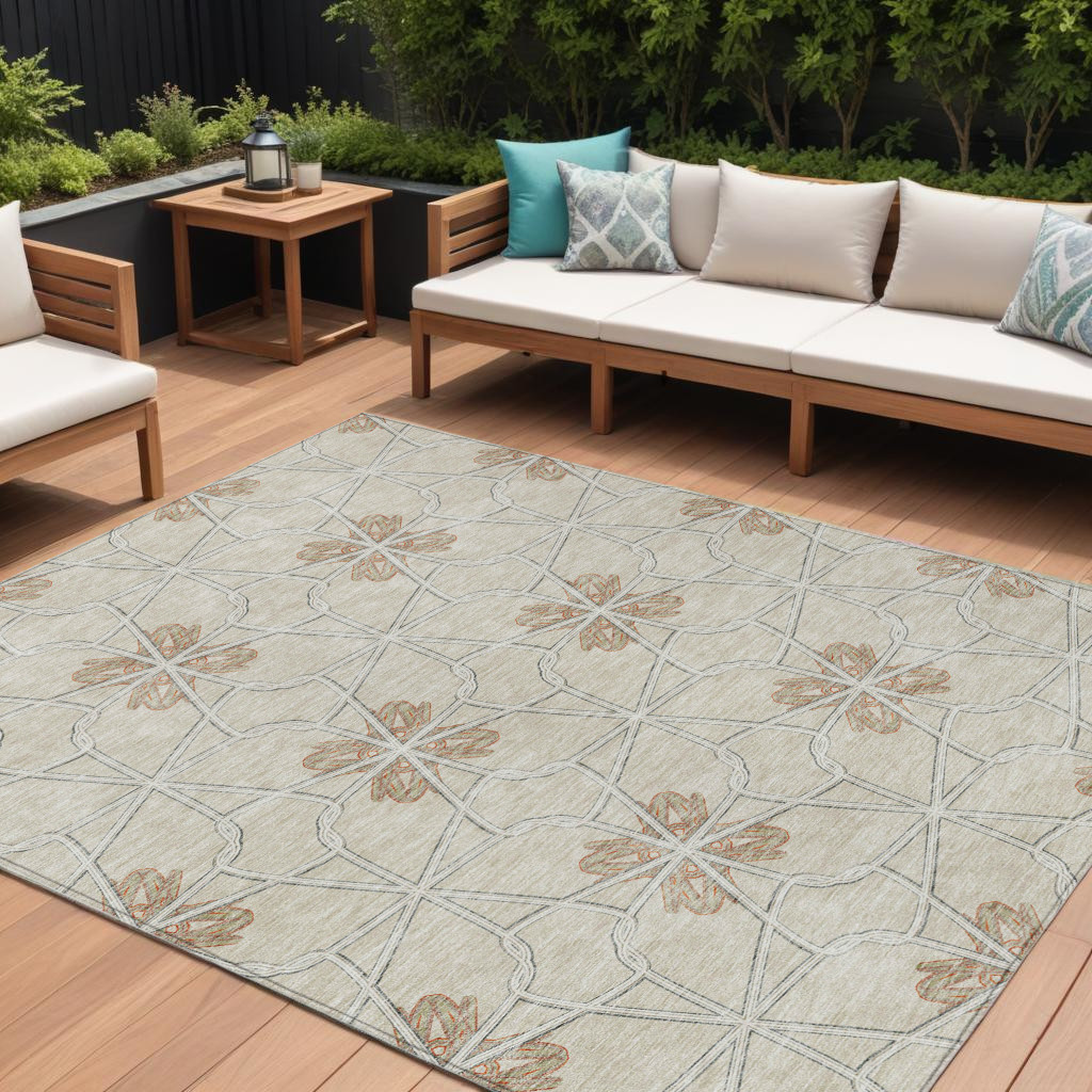 8' X 10' Beige And Taupe Geometric Washable Indoor Outdoor Area Rug-613401-1