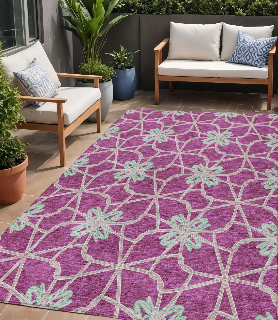 5' X 8' Blush And Aqua Geometric Washable Indoor Outdoor Area Rug-613411-1
