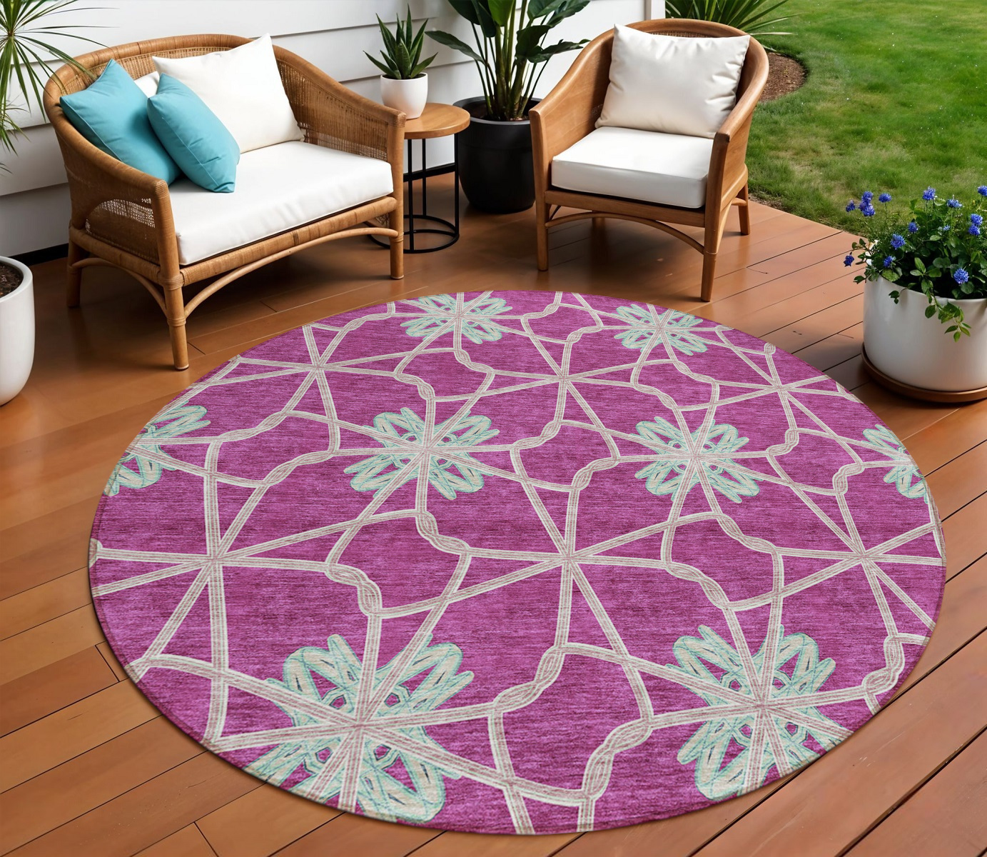 8' Blush And Aqua Round Geometric Washable Indoor Outdoor Area Rug-613412-1