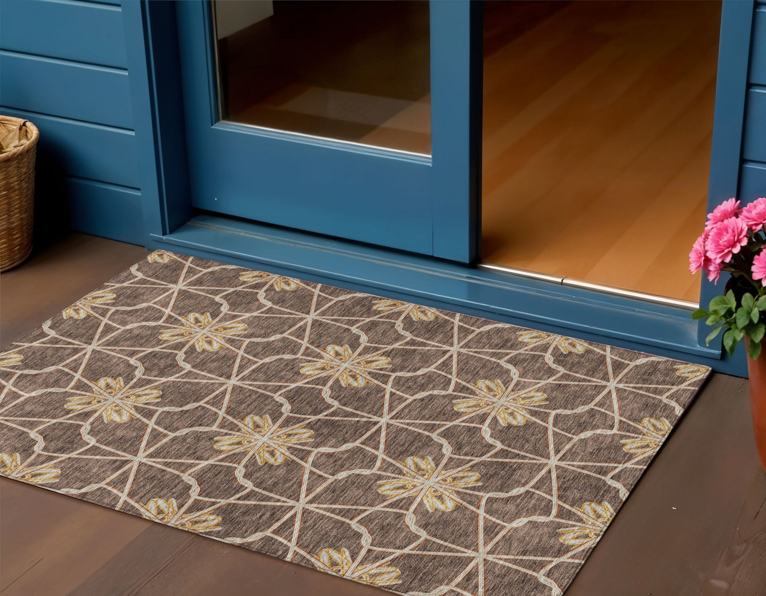 3' X 5' Brown And Gold Geometric Washable Indoor Outdoor Area Rug-613416-1