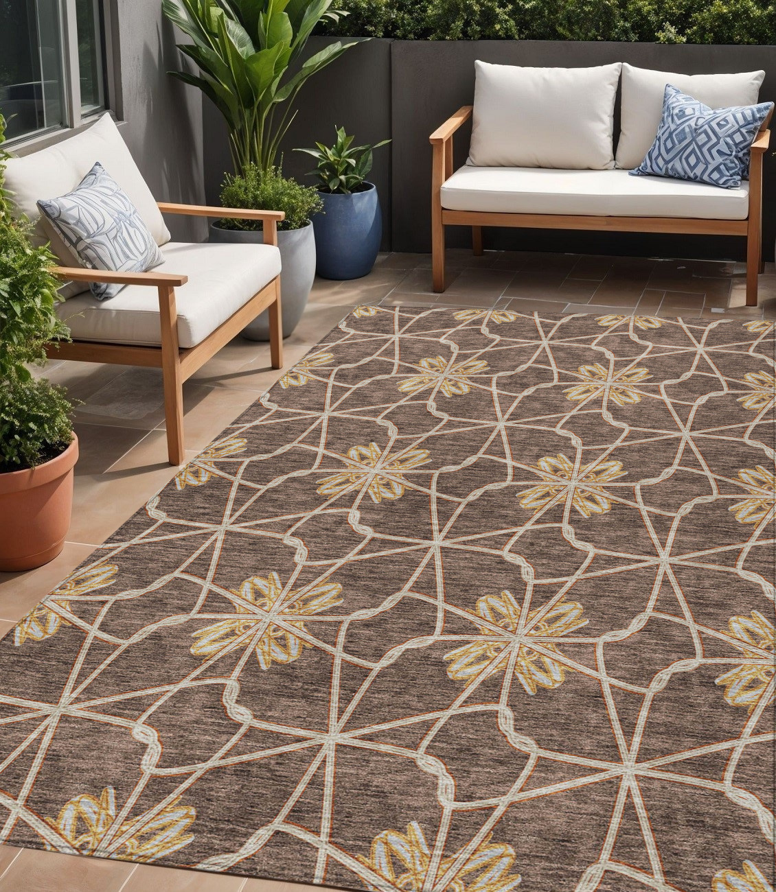 5' X 8' Brown And Gold Geometric Washable Indoor Outdoor Area Rug-613417-1