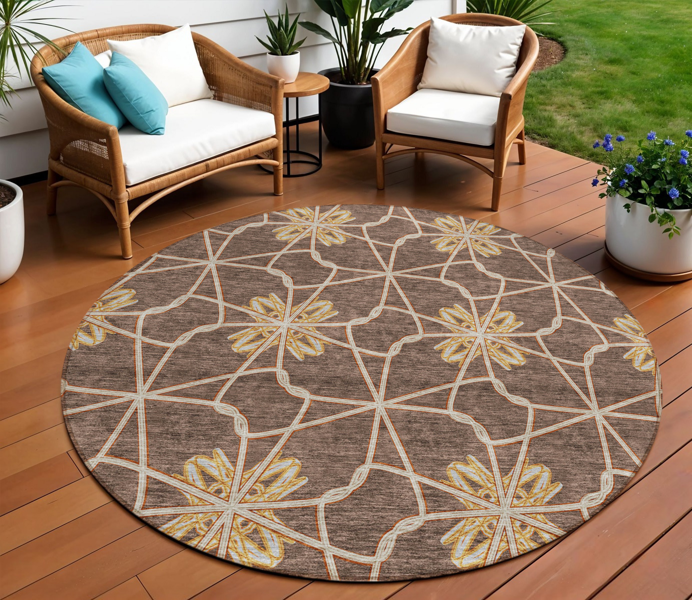 8' Brown And Gold Round Geometric Washable Indoor Outdoor Area Rug-613418-1