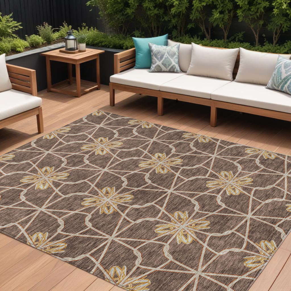 9' X 12' Brown And Gold Geometric Washable Indoor Outdoor Area Rug-613420-1