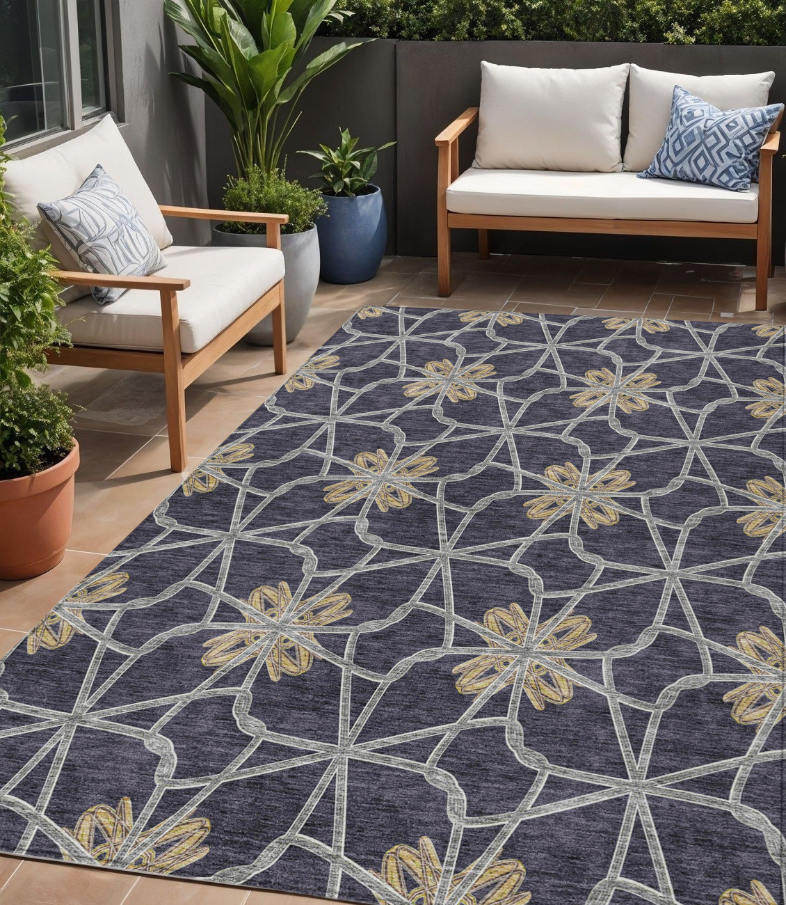 5' X 8' Charcoal And Gold Geometric Washable Indoor Outdoor Area Rug-613423-1