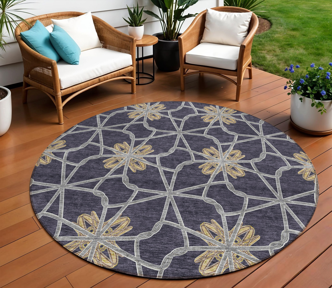 8' Charcoal And Gold Round Geometric Washable Indoor Outdoor Area Rug-613424-1
